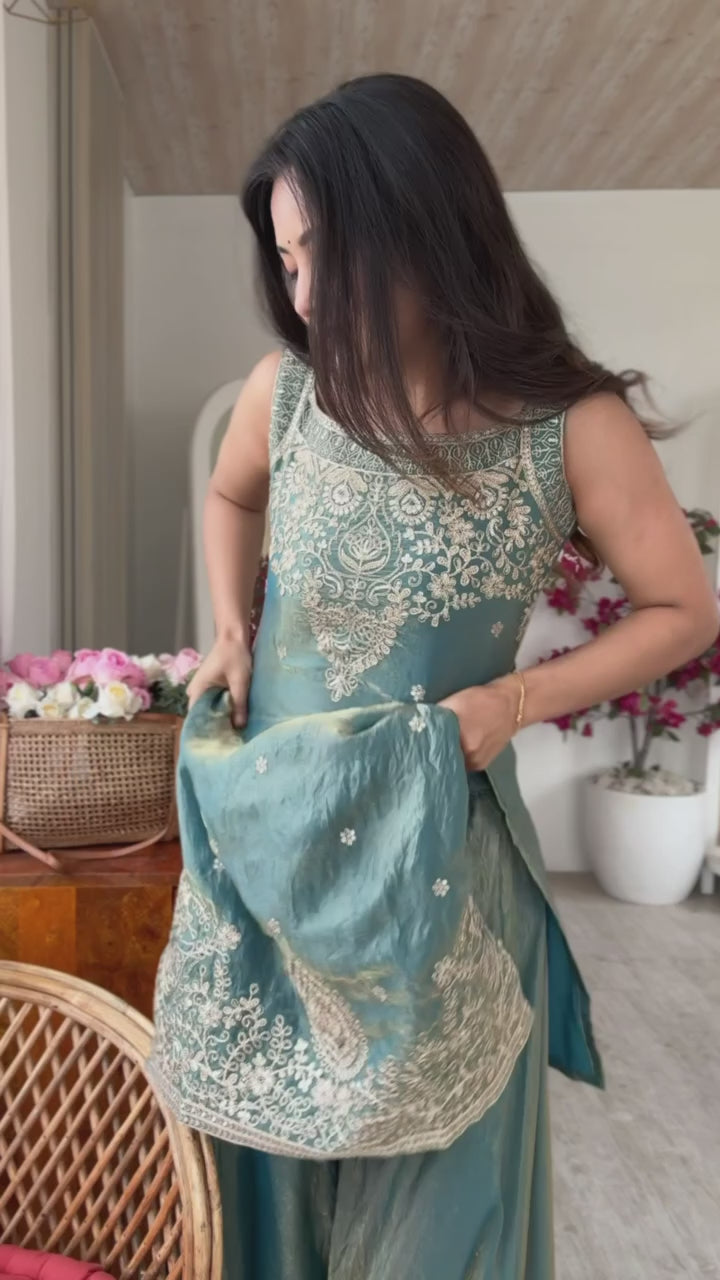 Sea Green Silk Embroidered Sharara Set
