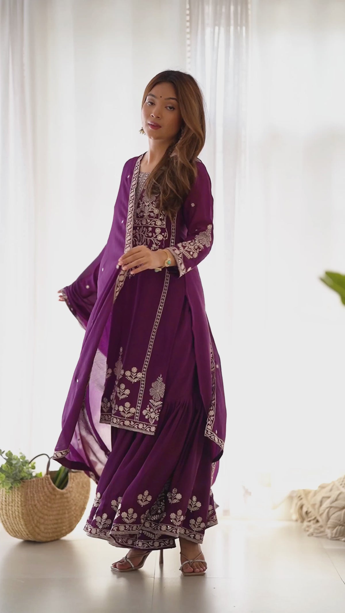 Purple Chinon Silk Designer Sharara Set