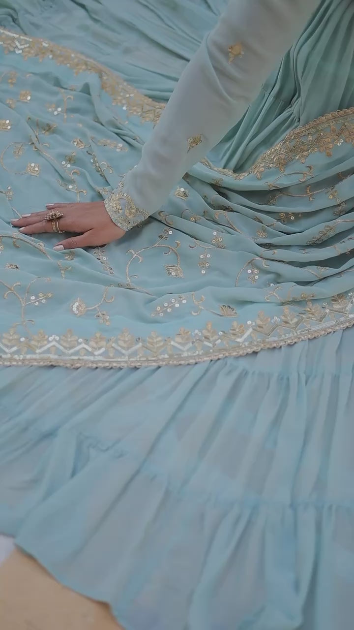Lavender Captivating Unique Colored Faux Georgette Embroidered Gown with Sequined Dupatta