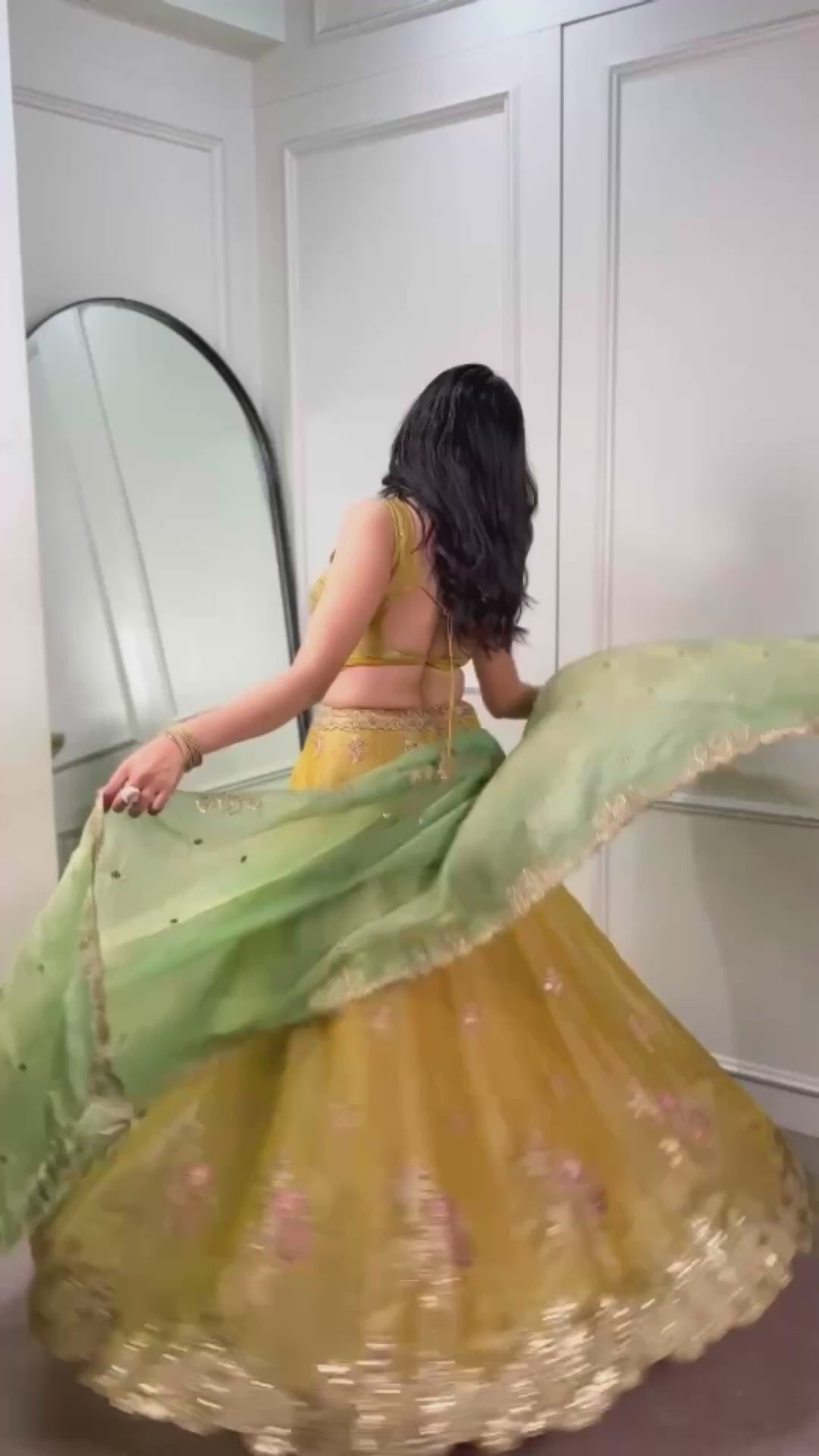 Yellow Moss Silk Embroidered Lehenga with Batwa