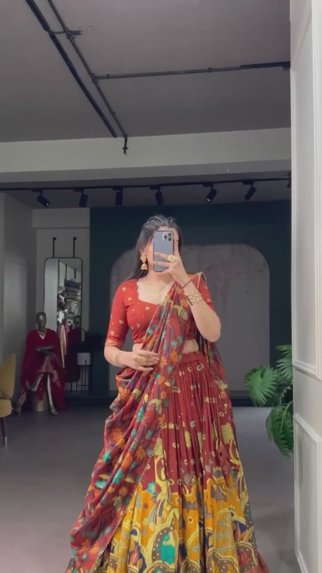 Red Kalamkari Print Silk Lehenga