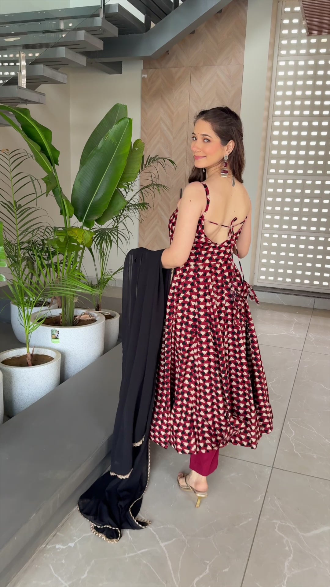 Maroon Cotton Printed Anarkali Suit