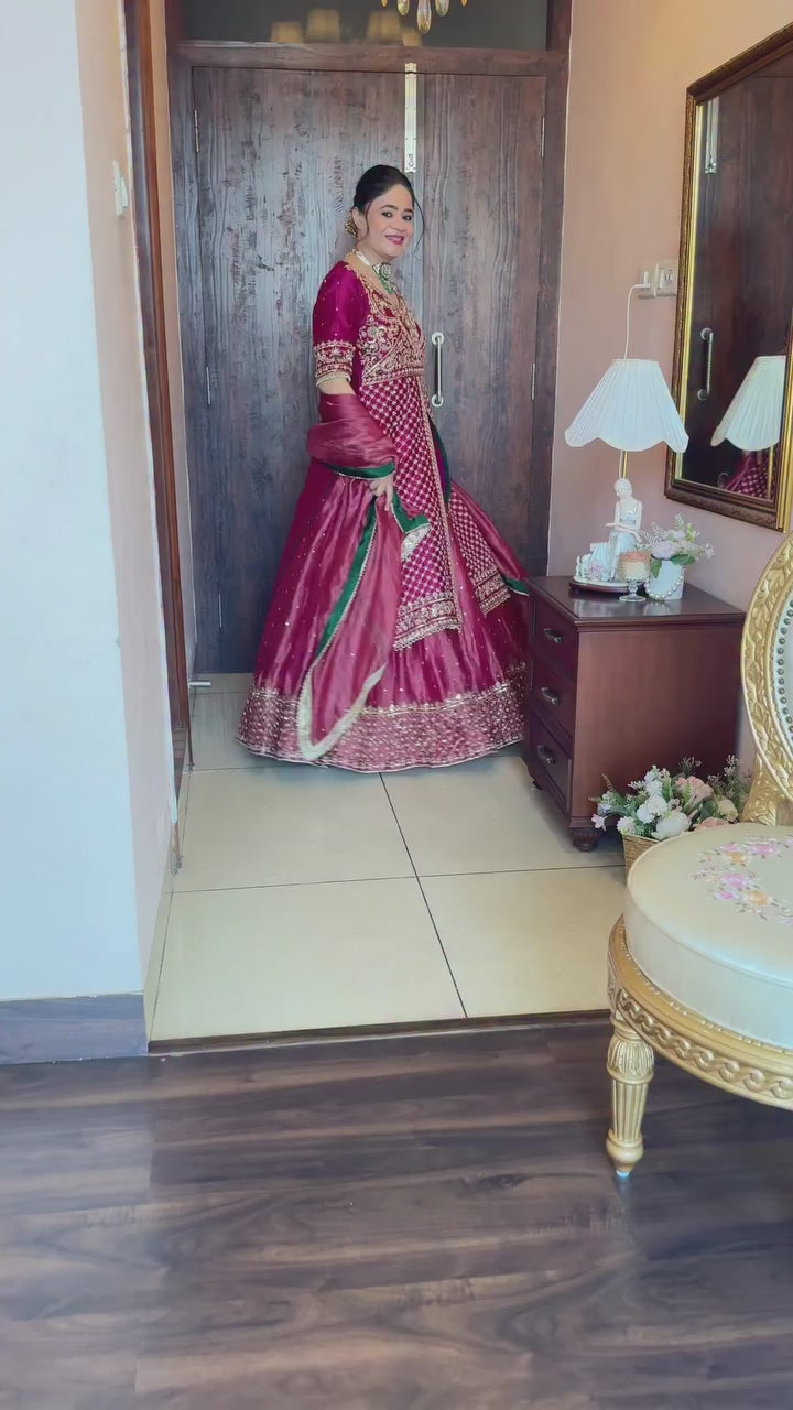 Pink Silk Kali Cut Lehenga Set