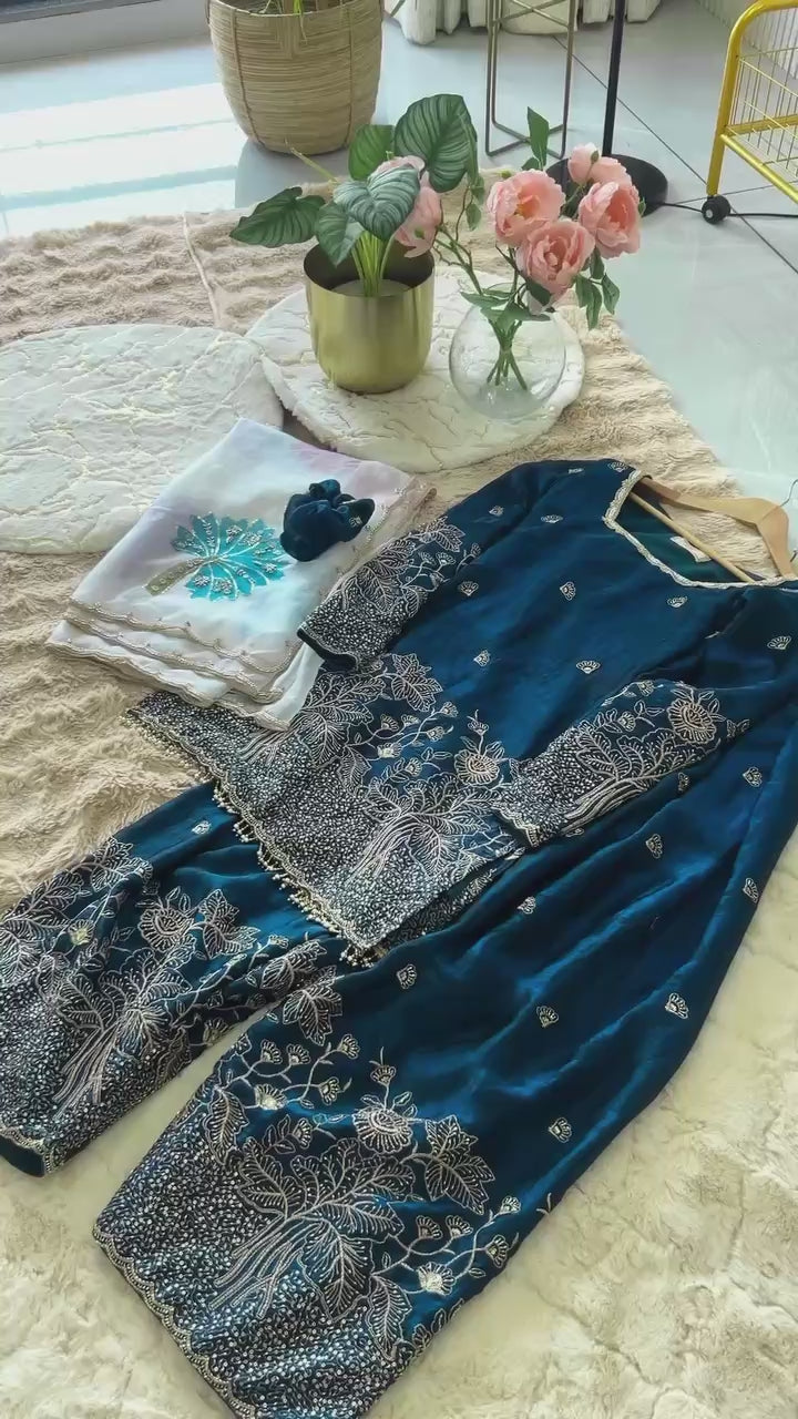 Teal Blue Embroidered Farshi Palazzo Set