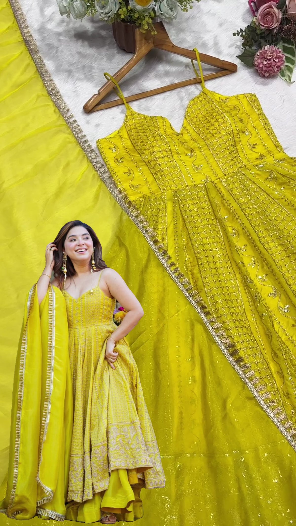 Lemon Organza Embroidered Gown Sharara Set