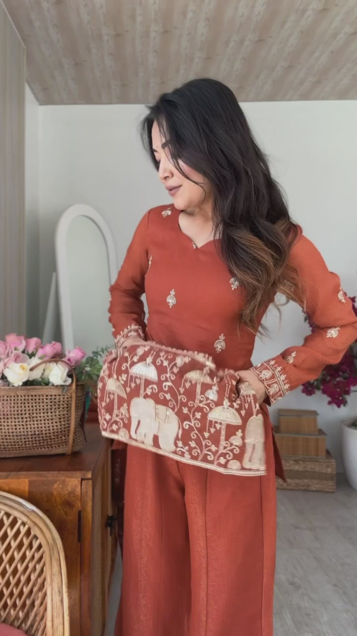 Rust Crunchy Silk Embroidered Suit Set