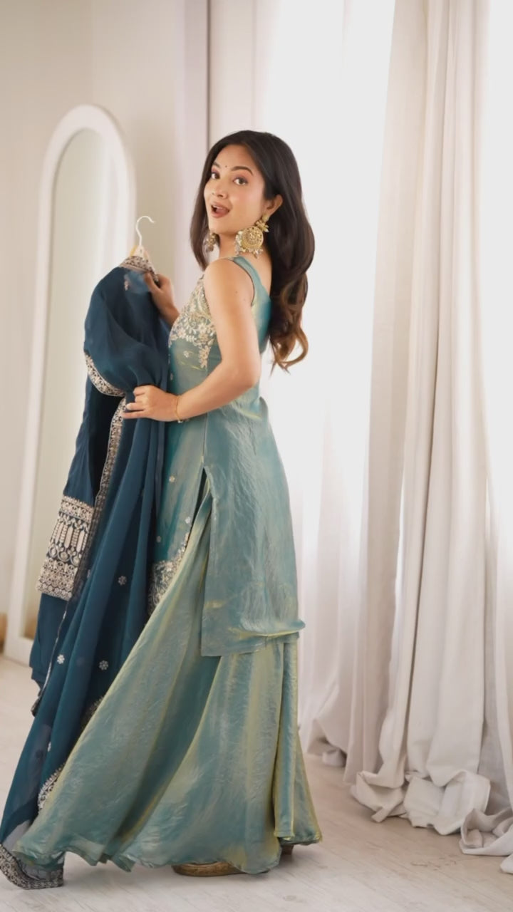 Teal Silk Embroidered Kurta Bell Bottom Set