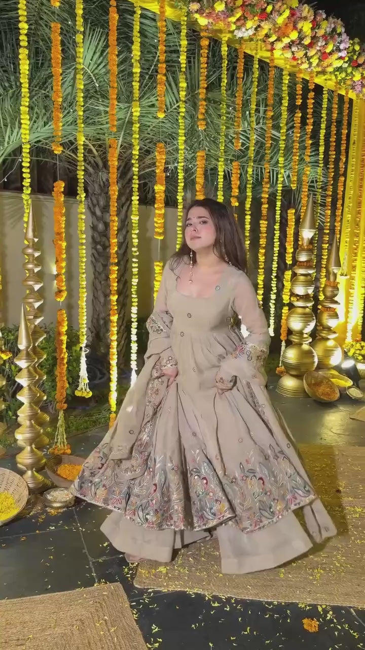 Beige Embroidered Gown Sharara Set