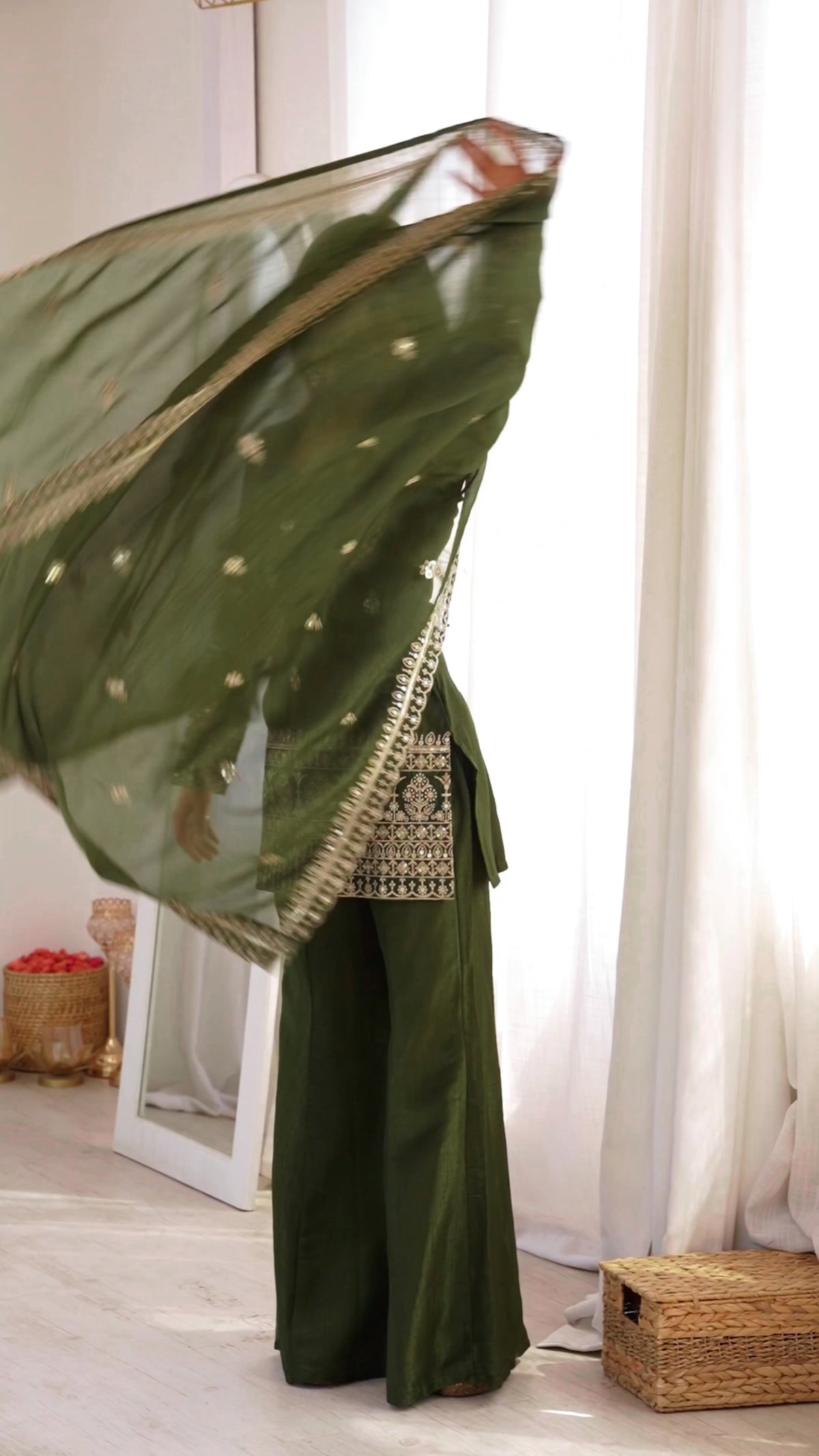 Green Silk Embroidered Kurta Bell Bottom Set