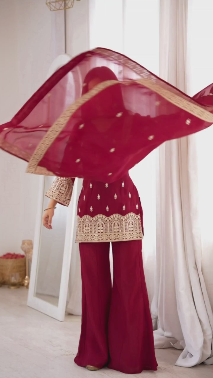Maroon Embroidered Kurta with Bell Bottom Pant