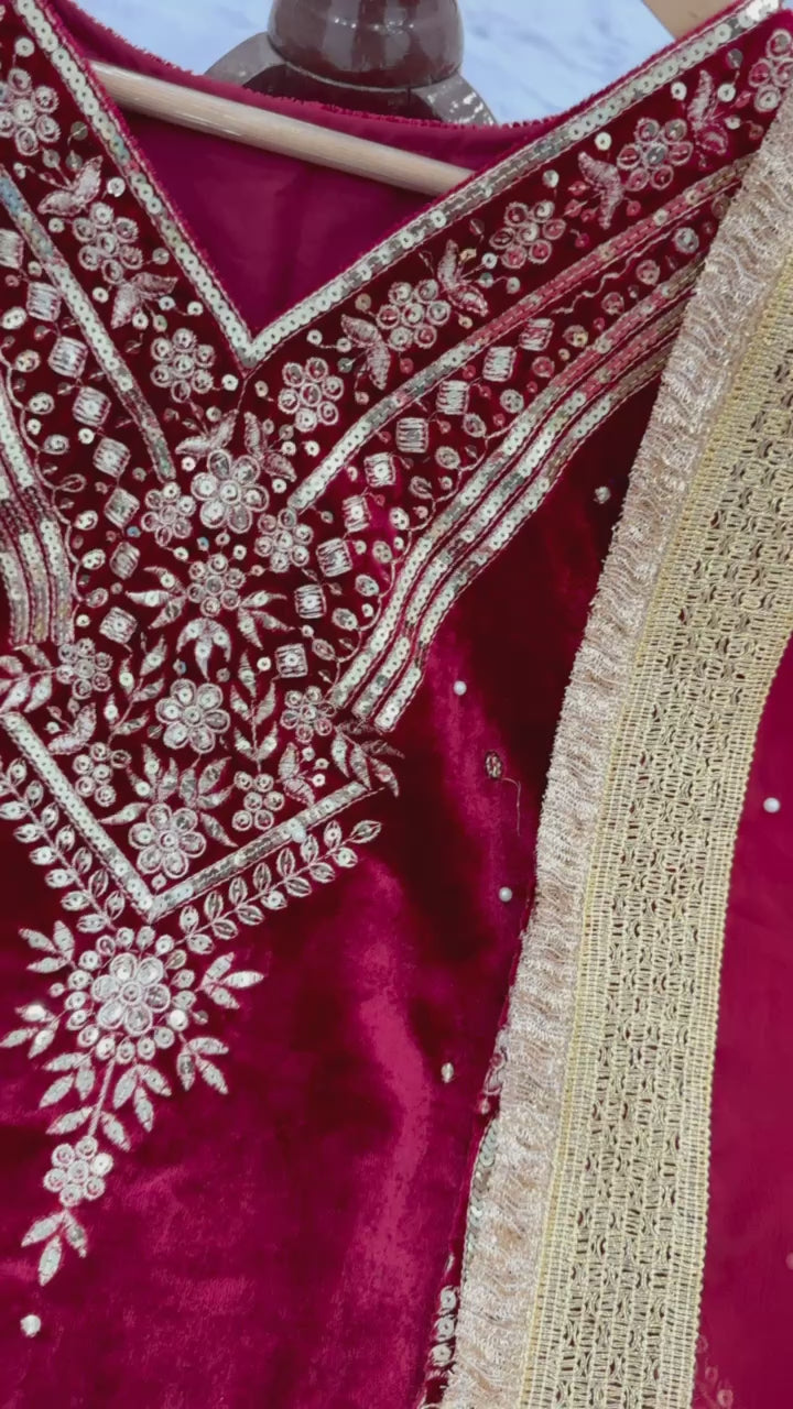 Red Heavy Pure Viscose Velvet Top with Plazzo & Dupatta Set - Embroidery, Sequence Work, and Rivet Moti Accents