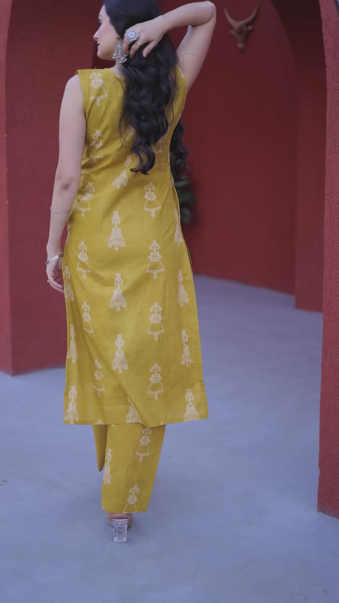 Yellow Printed Cotton Kurti Pant Set