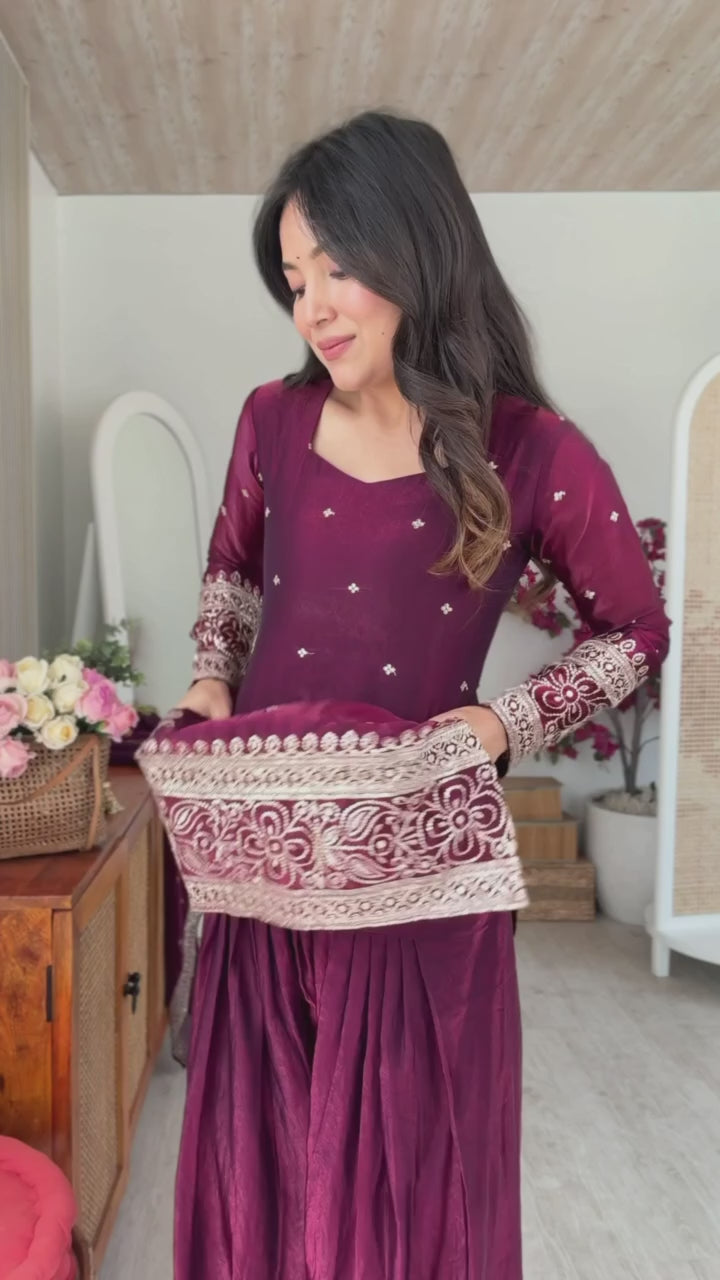 Wine Silk Embroidered Kurta Bell Bottom Set