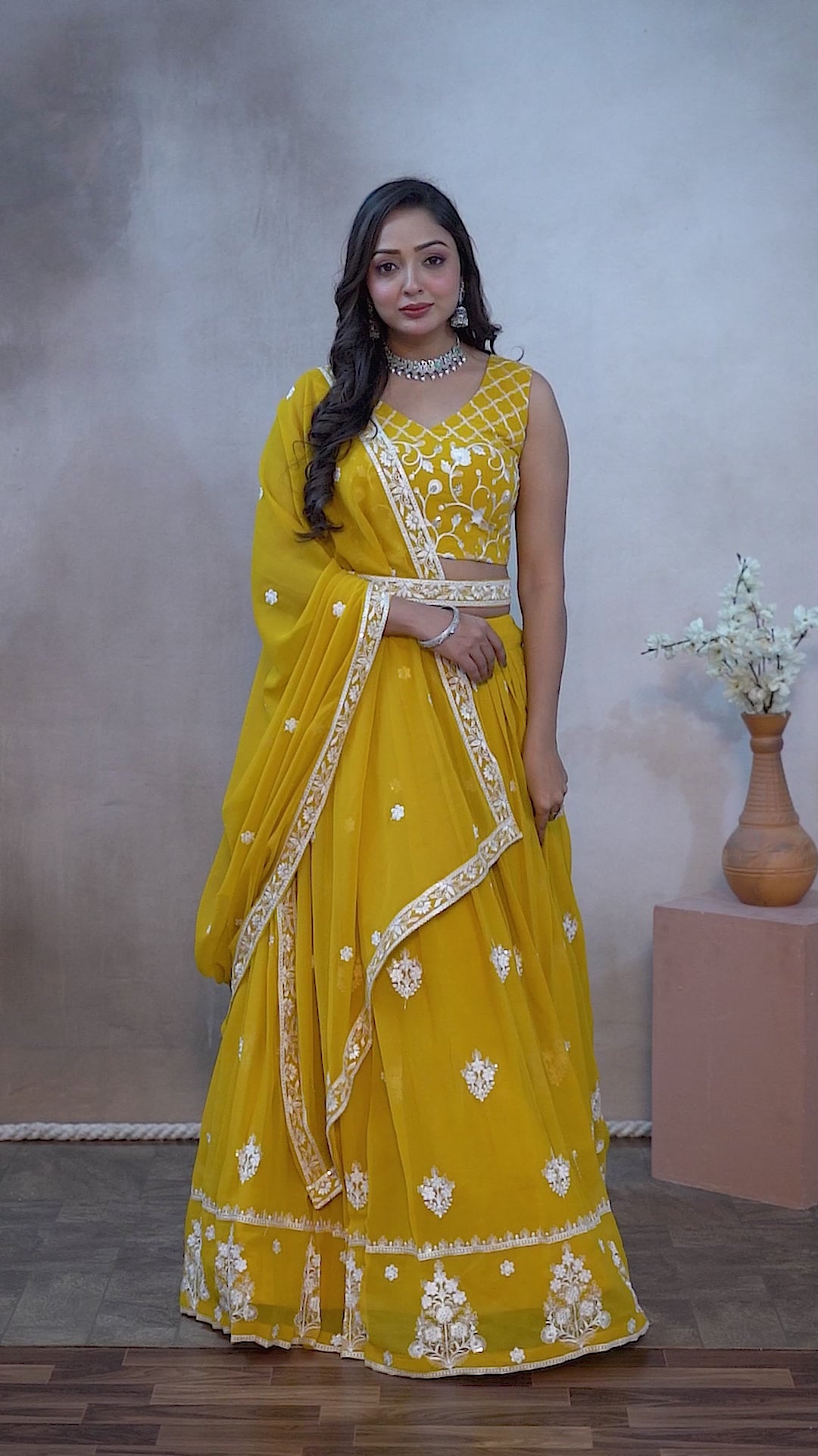 Yellow Georgette Embroidered Lehenga