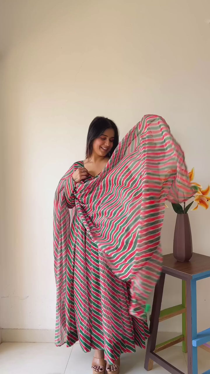 Red Leheriya Printed Anarkali Suit