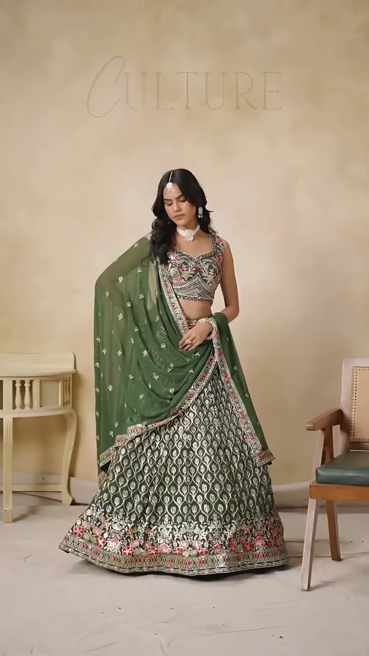Green Georgette Embroidered Lehenga Choli