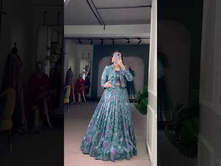 Teal Silk Printed Lehenga Choli with Koti