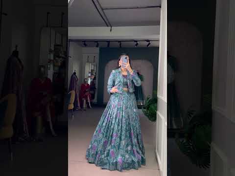 Teal Silk Printed Lehenga Choli with Koti