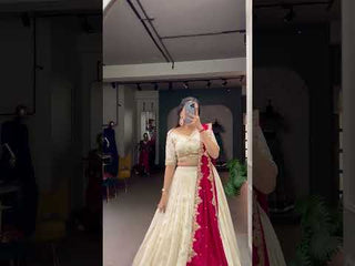 Off White Ethereal Vichitra Silk Bridesmaid Lehenga Set with Sequins & Thread Embroidery