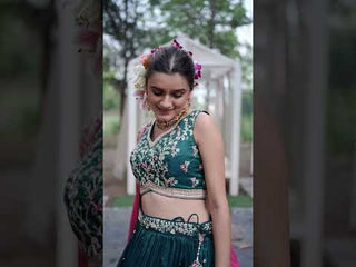 Teal Satin Semi-Stitched Lehenga Set with Moti, Sequins, Thread Embroidery and Pink Dupatta