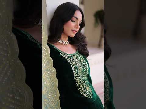 Green Velvet Sequins & Zari Embroidered Premium Stitched Suit Set with Full-Sleeve Top, Velvet Pants & Fendy Cutwork Dupatta