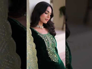 Green Velvet Sequins & Zari Embroidered Premium Stitched Suit Set with Full-Sleeve Top, Velvet Pants & Fendy Cutwork Dupatta