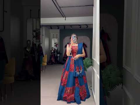 Blue Embroidered & Printed Pure Cotton Lehenga Choli Set