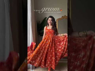 Orange Elegant KesriyaNC Silk Kali Cut Gown Set with Heavy Sequins Embroidery, Micro Fabric Pant & Matching Dupatta – Stitched Ensemble