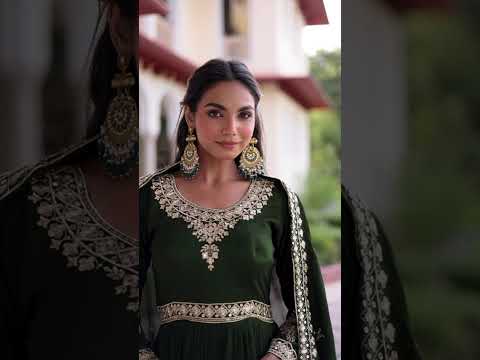 Green Designer Vichitra Silk Sequins Embroidered Gown with 3-Meter Flair & Matching Dupatta – Fully Stitched Festive & Wedding Wear