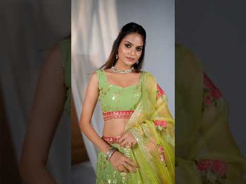 Lime Green Georgette Zari & Sequin Embroidered Semi-Stitched Lehenga Choli with Floral Organza Embroidered Dupatta