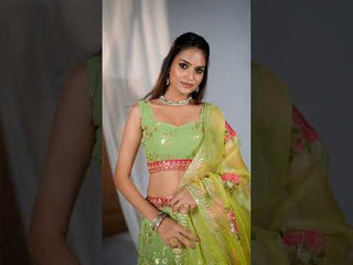 Lime Green Georgette Zari & Sequin Embroidered Semi-Stitched Lehenga Choli with Floral Organza Embroidered Dupatta