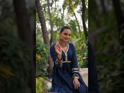 Blue Roman Fabric Frill-Stitched Gown with Maslin Crochet Dupatta
