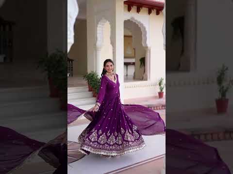Blue Vichitra Silk Sequins Embroidered Anarkali Gown with Fancy V-Neck & Designer Dupatta – Fully Stitched Party & Festive Wear