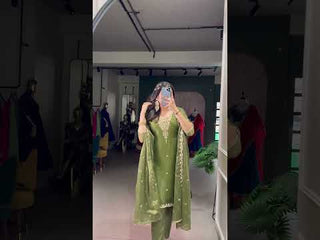 Olive Green Elegant Gold Coin Top & Maska Cotton Bottom Set with Sequins & Thread Embroidery – Stitched Top with Matching Dupatta