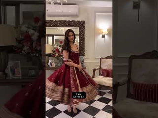 Deep Maroon Designer Vichitra Silk Gown Set with Zari-Coding & Sequin Embroidery