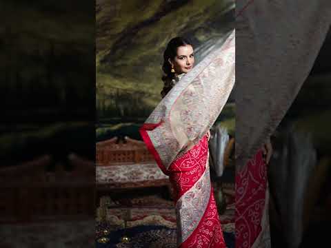 Maroon Fusion of Madhubani and Bandhej Green Silk Saree with Unstitched Blouse
