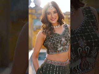 Olive Green Chocolate Crush Sequins & Thread Embroidered Lehenga Choli Set with 4-Meter Flair & Matching Dupatta