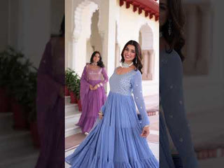 Sky Blue Royal Faux Georgette Embroidered Gown with Sequins & Zari Work – Three-Layer Frill Stitched Gown with Cotton Lining and Matching Dupatta