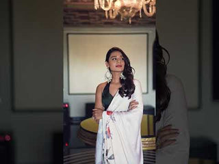 Off White Satin Silk Printed Saree with Moonga Silk Hotfix Blouse