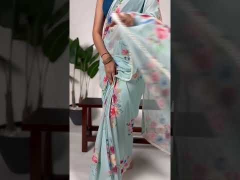 Pista Graceful Weightless Marble Saree with Floral Print & Pearl Lace Border – Includes Banglory Blouse Piece