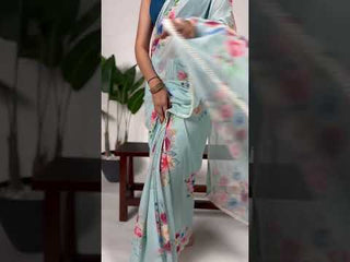 Pista Graceful Weightless Marble Saree with Floral Print & Pearl Lace Border – Includes Banglory Blouse Piece
