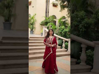 Wine Faux Blooming Gown with Multi-Embroidery and Sequins Work