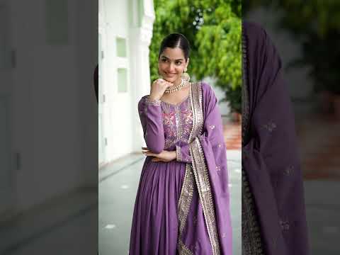 Lavender Elegant Vichitra Silk Gown with Rich Zari & Thread Embroidery and Dupatta – Designer Full-Sleeve Frill Gown