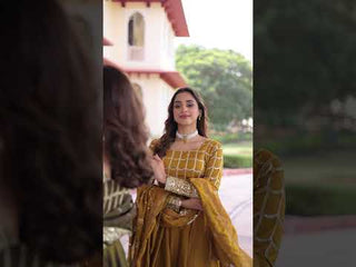 Mustard Vichitra Sequins & Zari Embroidered Gown with 4.2-Meter Flair & Matching Embroidered Dupatta – Full-Sleeve Designer Anarkali Gown Set
