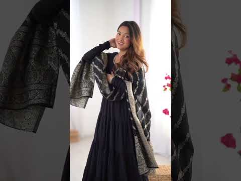 Black Elegant Festive Pure Romansilk Chanderi Anarkali Suit with Banarasi Dupatta