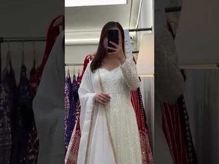 Premium Off White Readymade Anarkali Suit Set – 3 Piece Designer Ensemble with Heavy Sequins & Thread Embroidery Work | Faux Blooming Fabric | Festive & Wedding Wear Collection