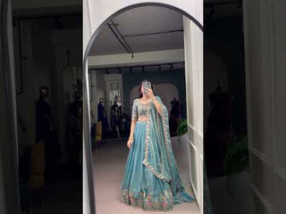 Sky Blue Zari Shimmer Sky Blue Embroidered Lehenga Choli Set with Sequins & Thread Work – Stitched Lehenga with Dupatta