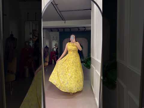 Yellow Floral Printed Weightless Marbal Long Dress with 3.40 Meter Flair, Silk Lining & Drawstring Zip Closure – Fully Stitched Party & Casual Wear