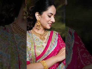 Pink Fusion of Madhubani and Bandhej Green Silk Saree with Unstitched Blouse