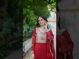 Maroon Embroidered Faux Blooming Anarkali Gown Set with Sequin & Multi-Thread Work | V-Neck | Full Sleeves | Dupatta Included